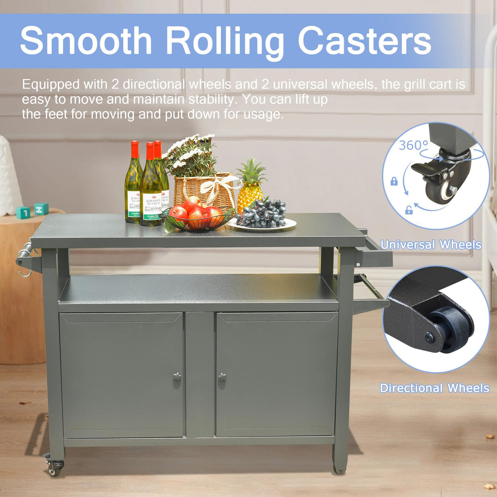 Grill Carts Outdoor Storage Cabinet With Wheels, Metal Outdoor Grill Table Kitchen Dining Table Cooking Prep BBQ Table For Patio, Kitchen Island, Home Party, Bar  Grey