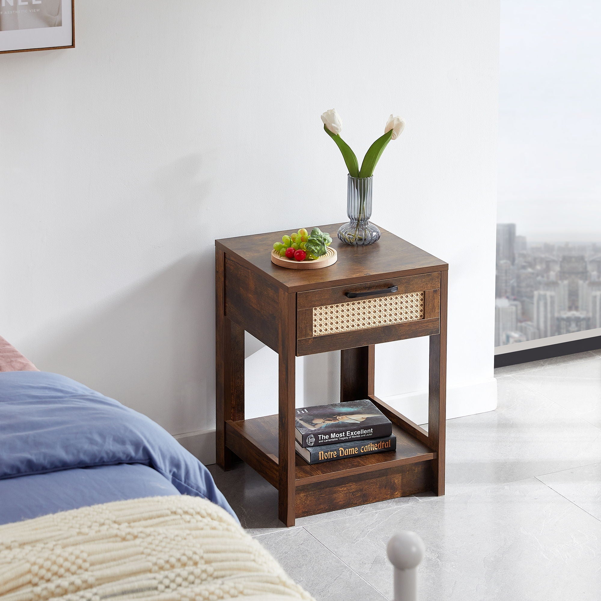 15.75" Rattan End Table With Drawer
