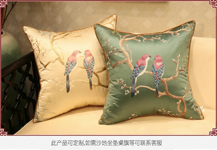 Chinese-Style Sparrow Embroidered Cushion Cover