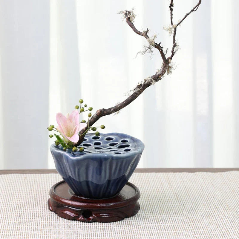 Japanese Ceramic Lotus Ikebana Flower Vase  Built-In Frog Holder