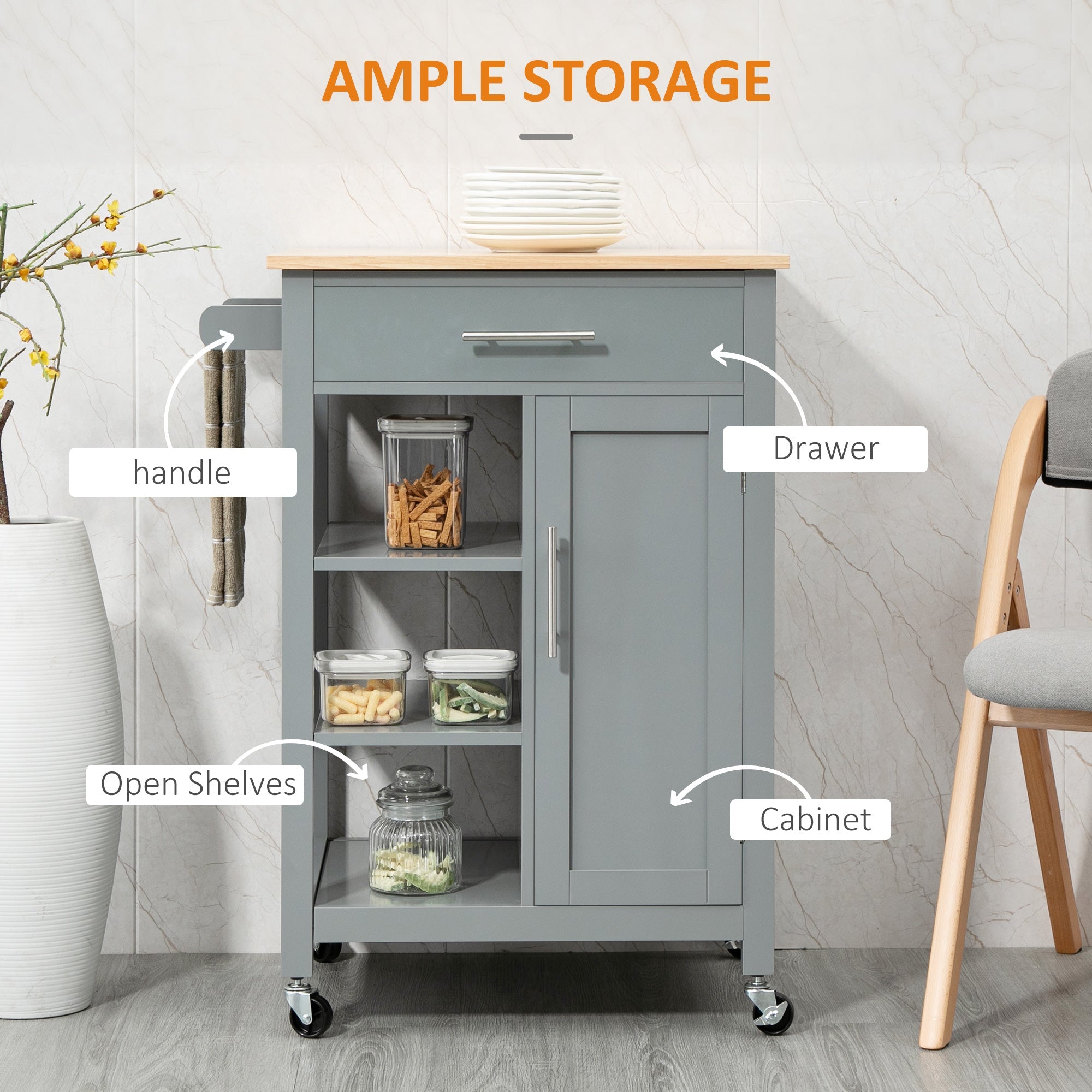 Rolling Kitchen Island Cart with Cabinet, 3-Tier Open Shelving & Towel Rack