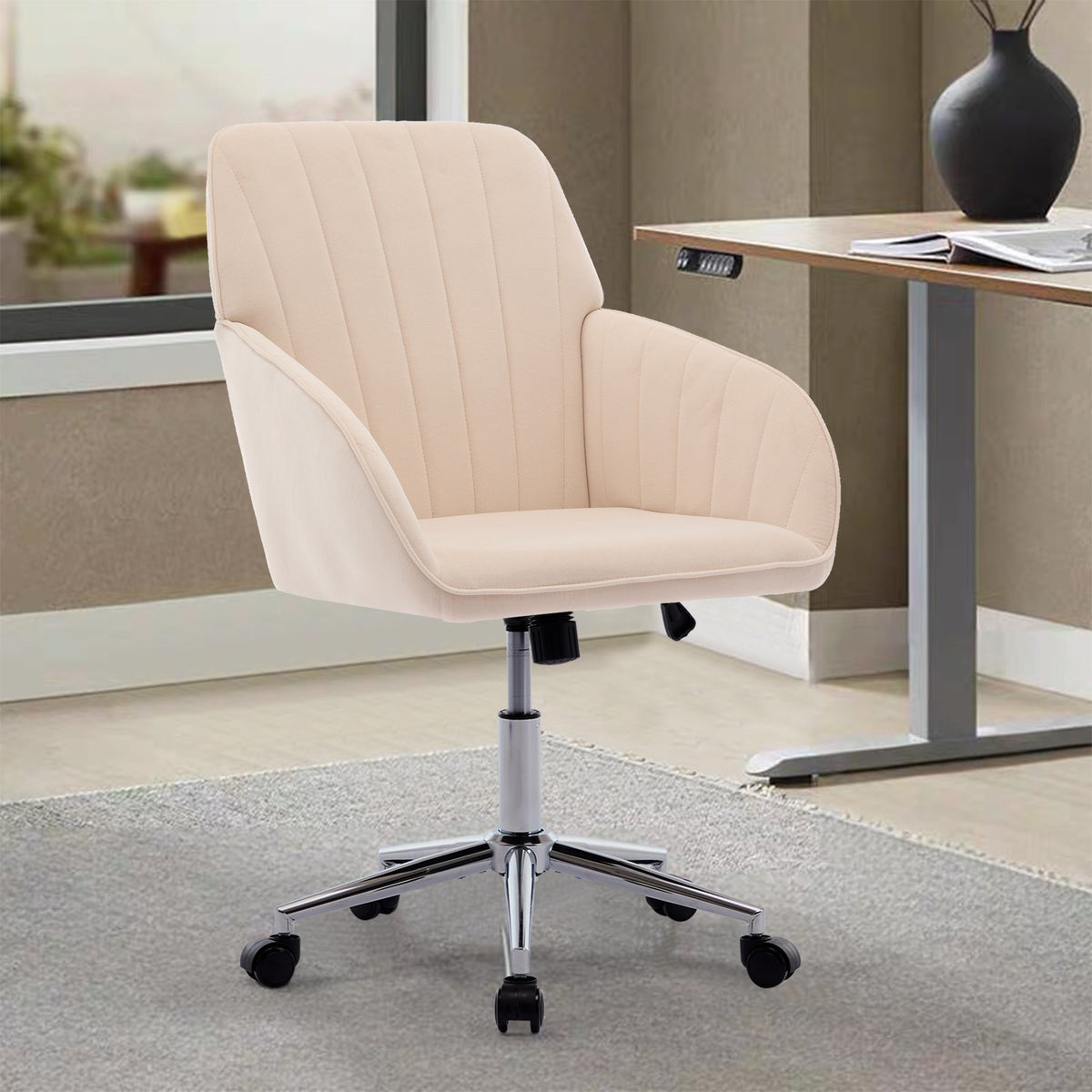Khaki Velvet Office Chair Ergonomic Adjustable Swivel Desk