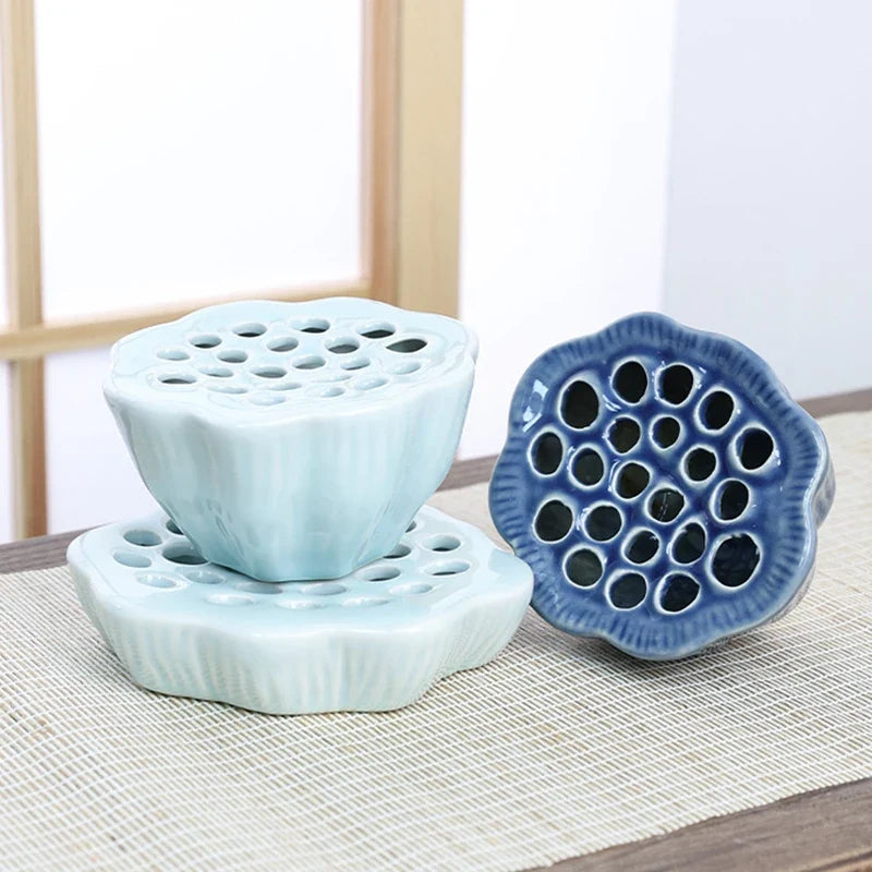 Japanese Ceramic Lotus Ikebana Flower Vase  Built-In Frog Holder