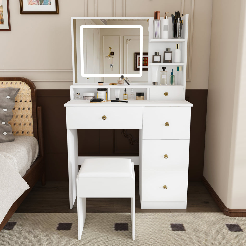 Fashion Vanity Desk with Mirror & 3-Color Dimmable LED Lights