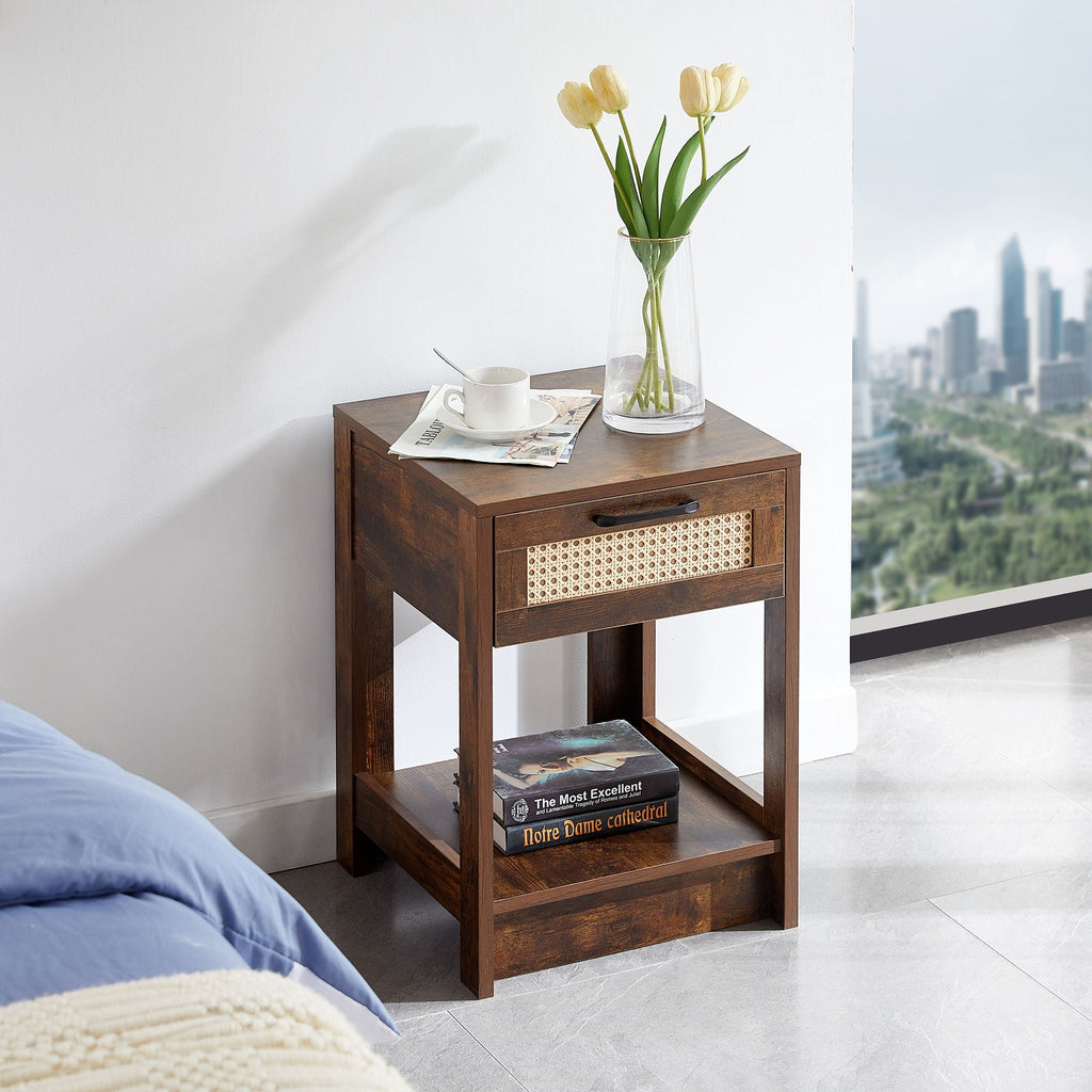 15.75" Rattan End Table With Drawer