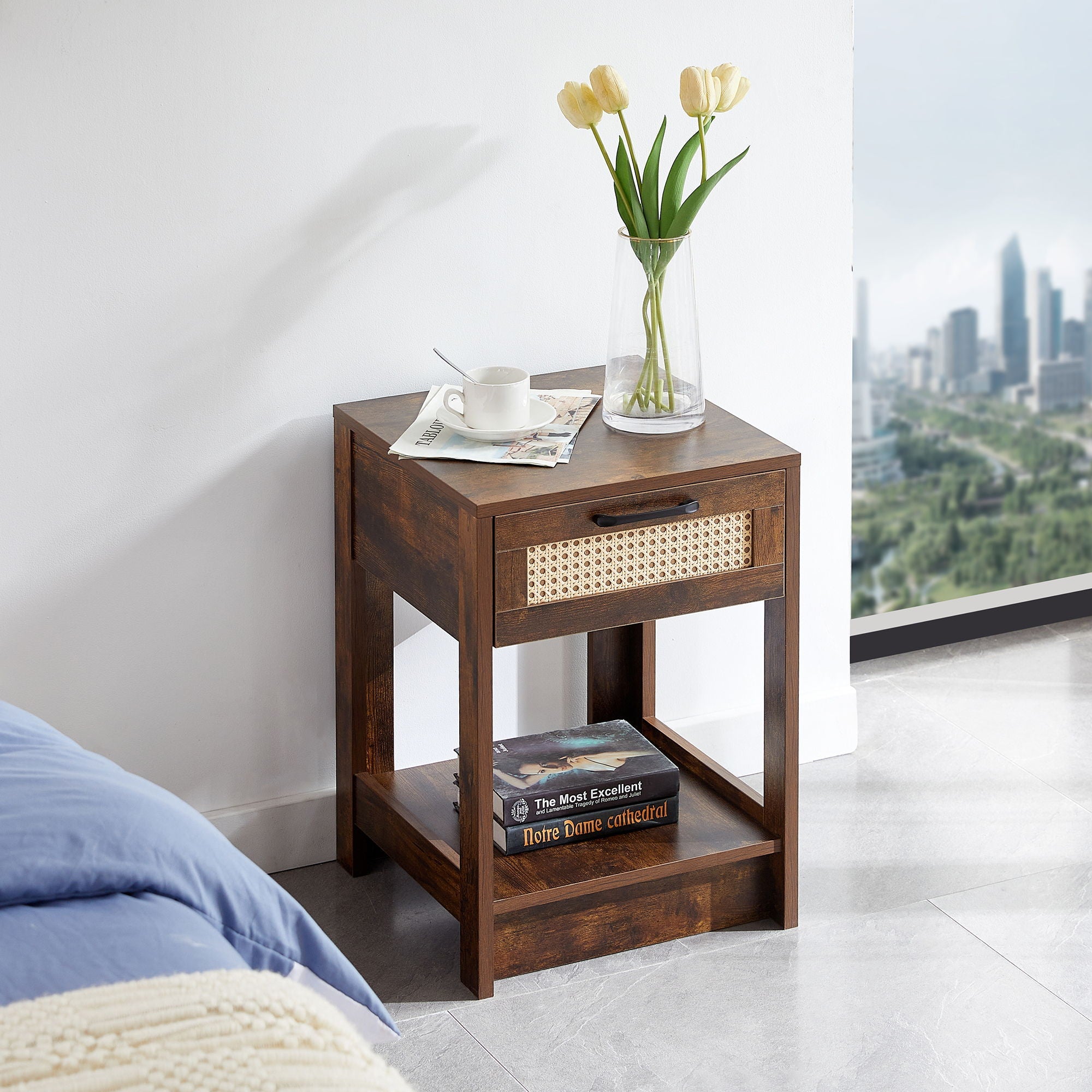 15.75" Rattan End Table With Drawer