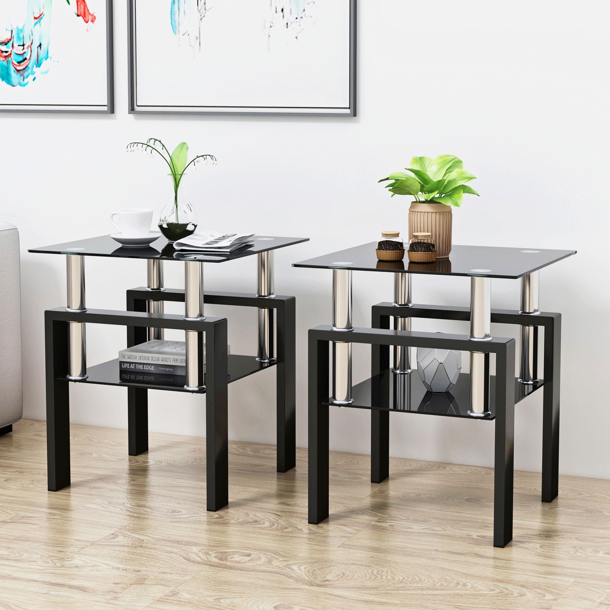 Modern Tempered Glass Tea Table,  (Set of 2) - Black