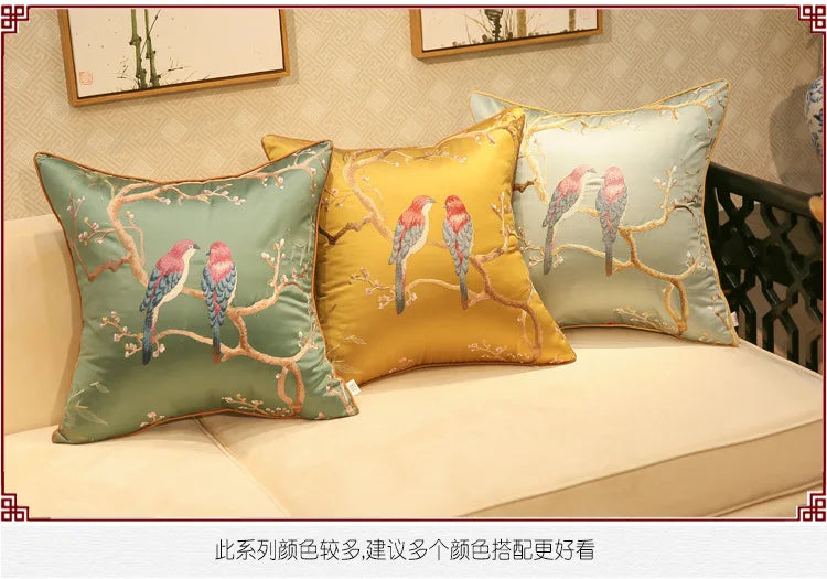 Chinese-Style Sparrow Embroidered Cushion Cover