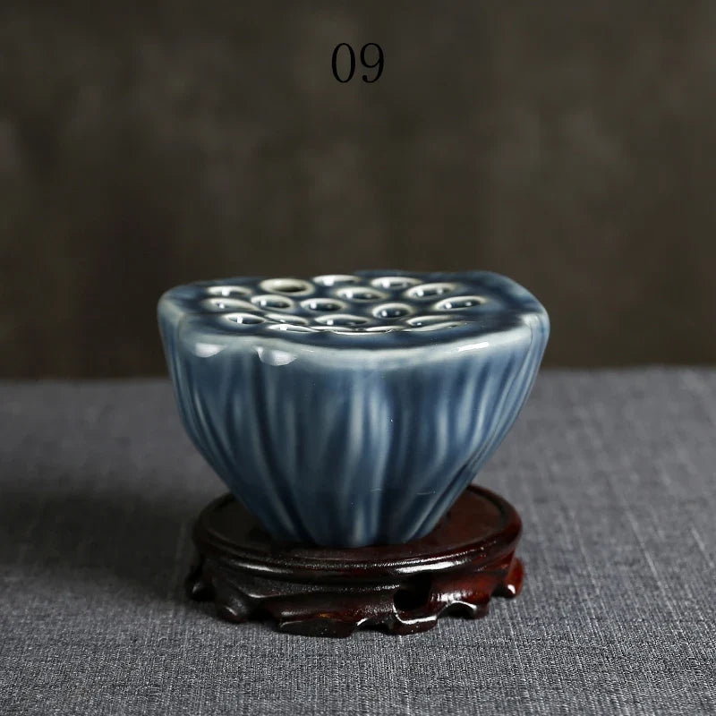 Japanese Ceramic Lotus Ikebana Flower Vase  Built-In Frog Holder