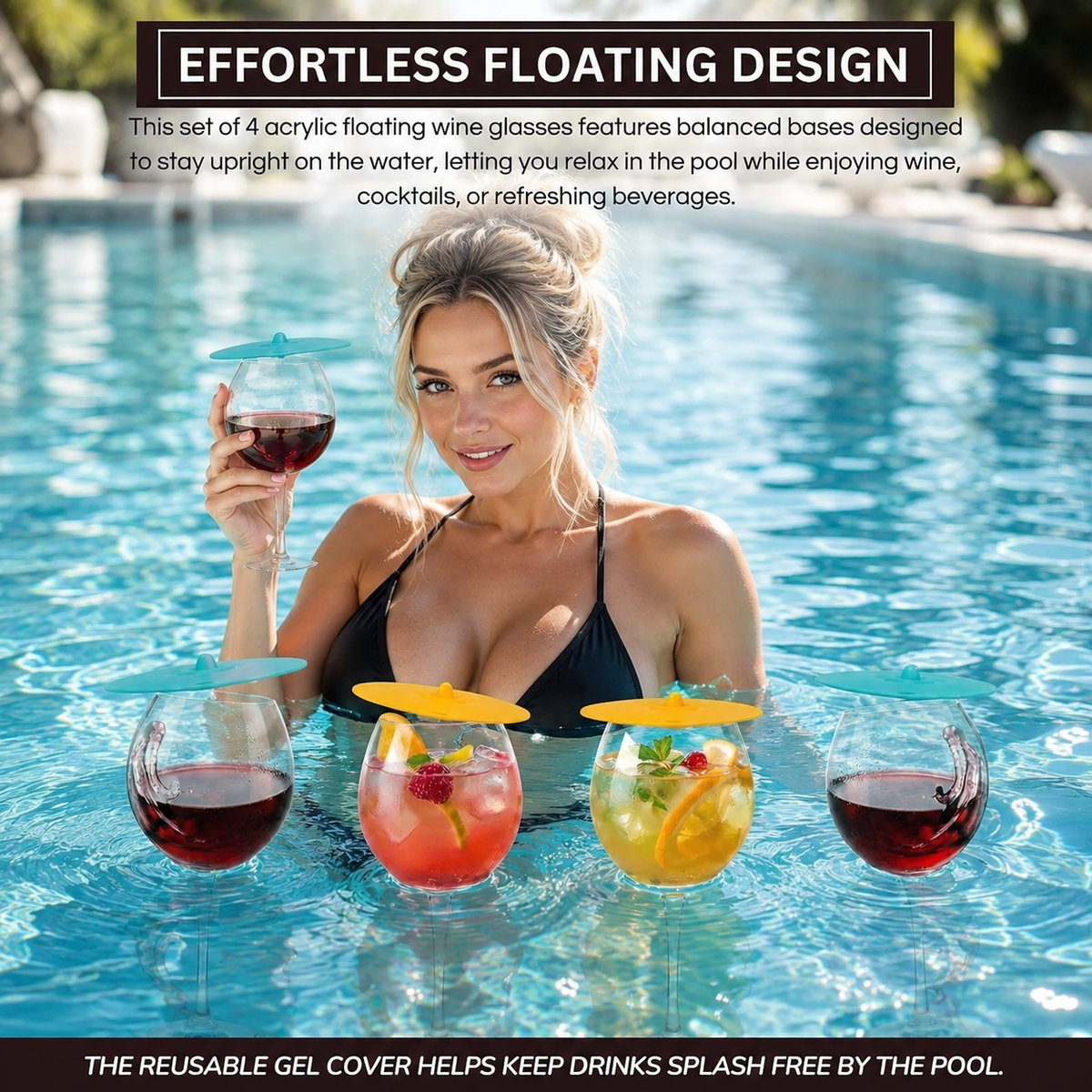 Floating Wine Glasses for Pool with Lids (Set of 4) – 21oz