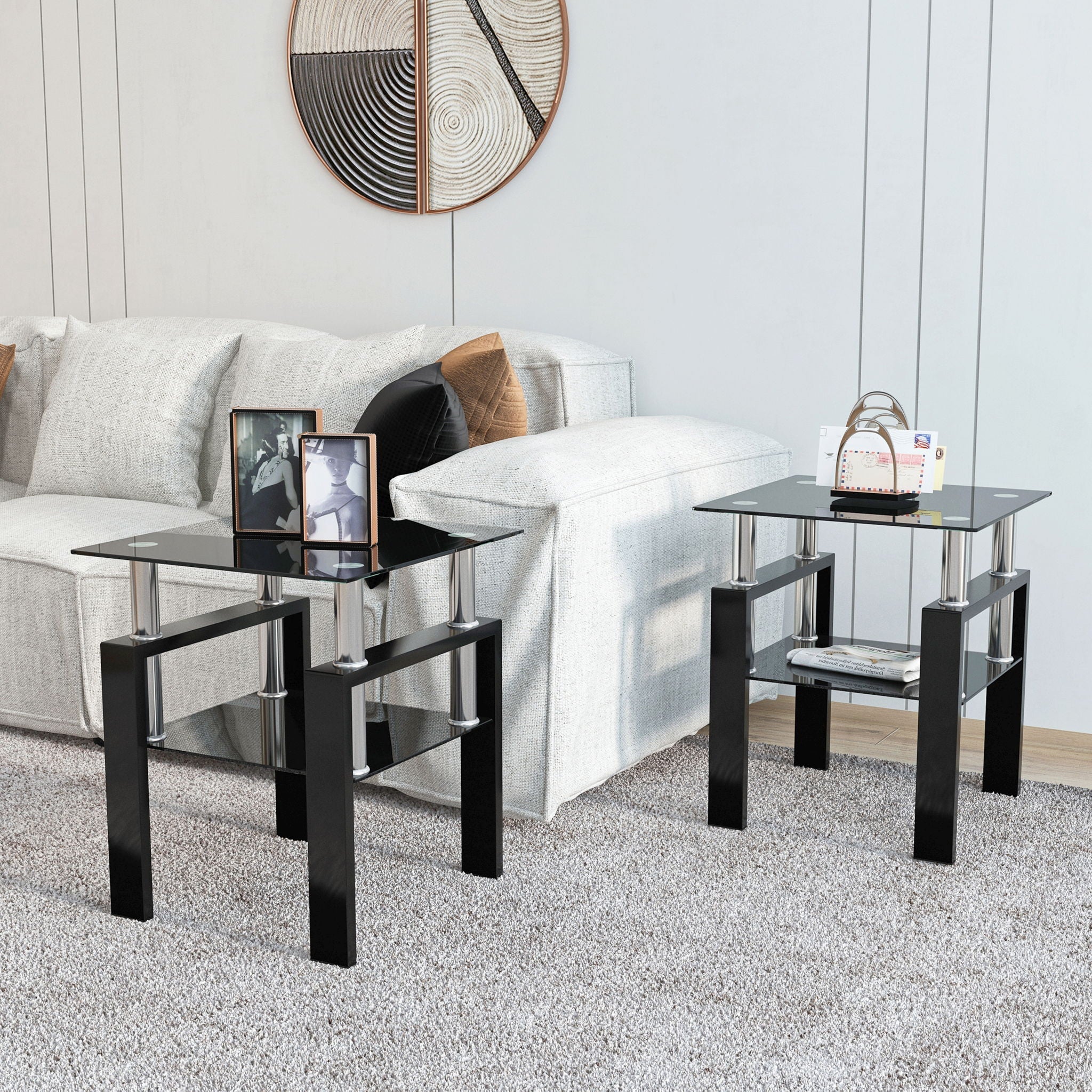 Modern Tempered Glass Tea Table,  (Set of 2) - Black
