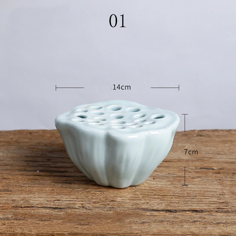 Japanese Ceramic Lotus Ikebana Flower Vase  Built-In Frog Holder