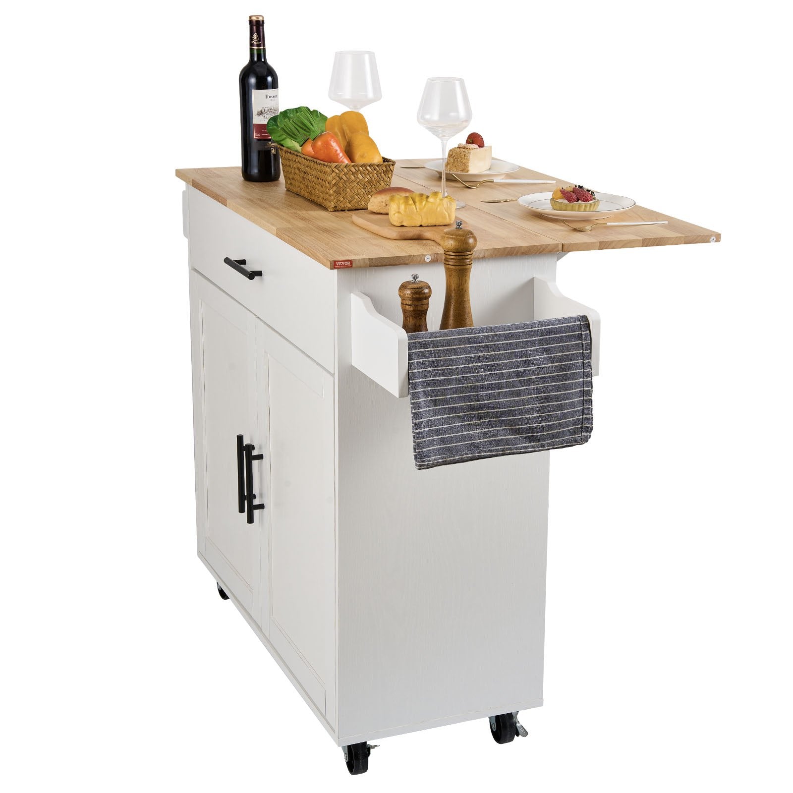 Kitchen Island Cart With Solid Wood Top, Mobile Carts With Storage Cabinet, Rolling Kitchen Table With Spice Rack, Towel Rack, Drop Leaf And Drawer, Portable Islands On Wheels, White