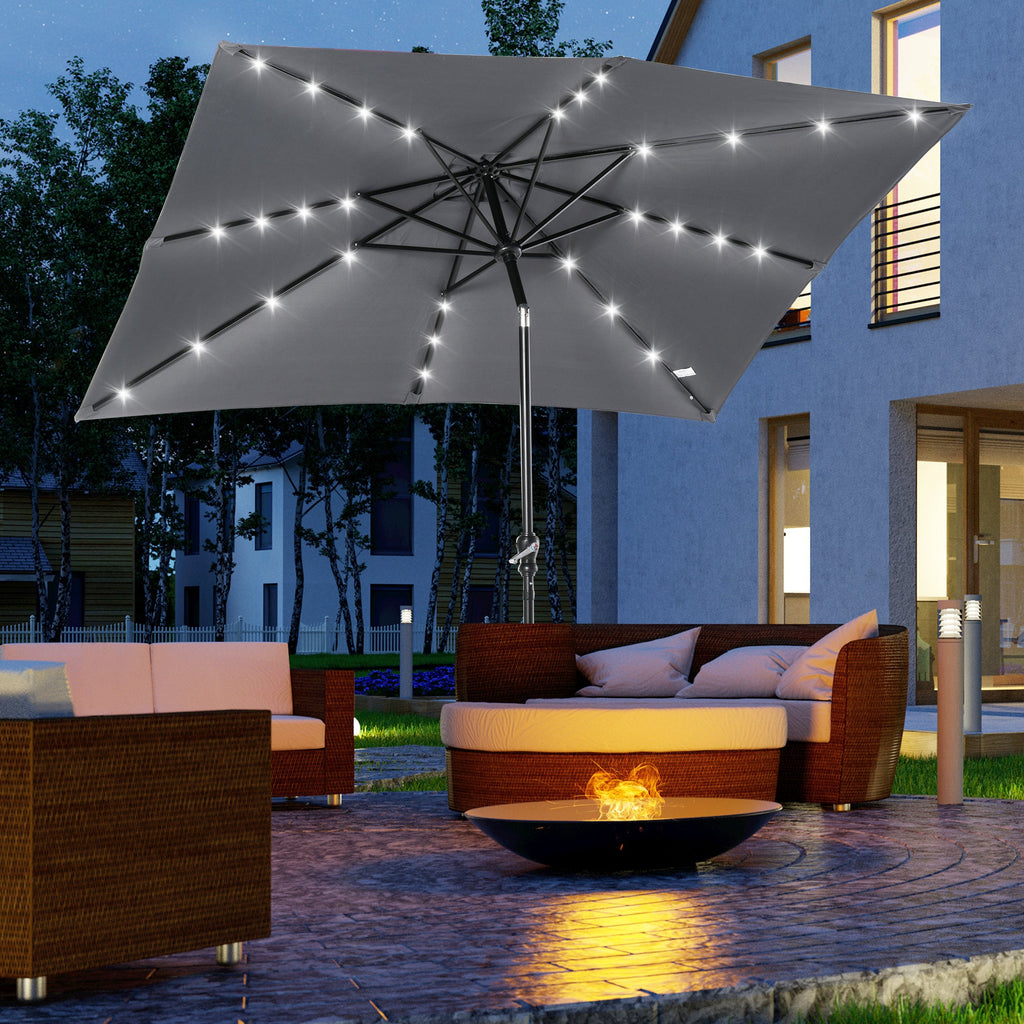 9' X 7' Solar Umbrella, LED Lighted Patio Umbrella For Table Or Base With Tilt & Crank, Outdoor Umbrella For Garden, Deck, Backyard, Pool, Beach, Dark Gray