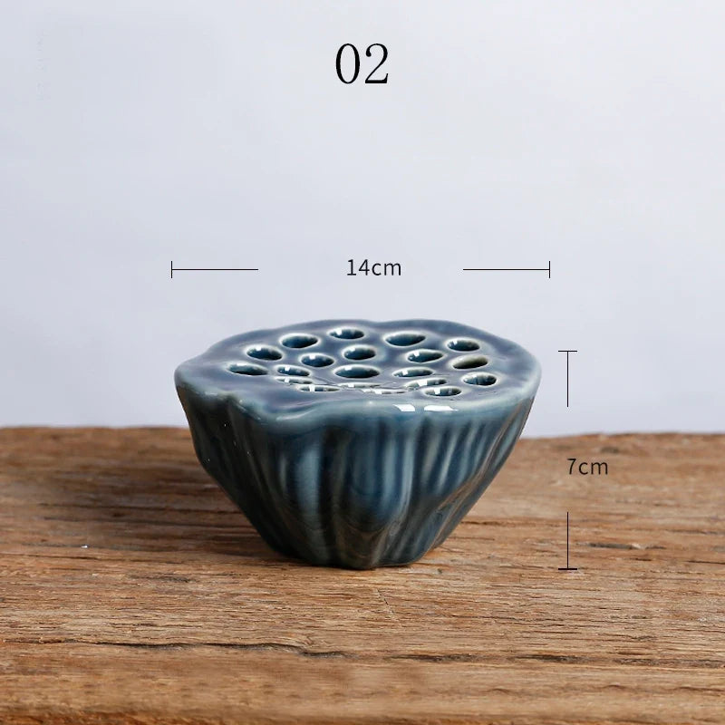 Japanese Ceramic Lotus Ikebana Flower Vase  Built-In Frog Holder