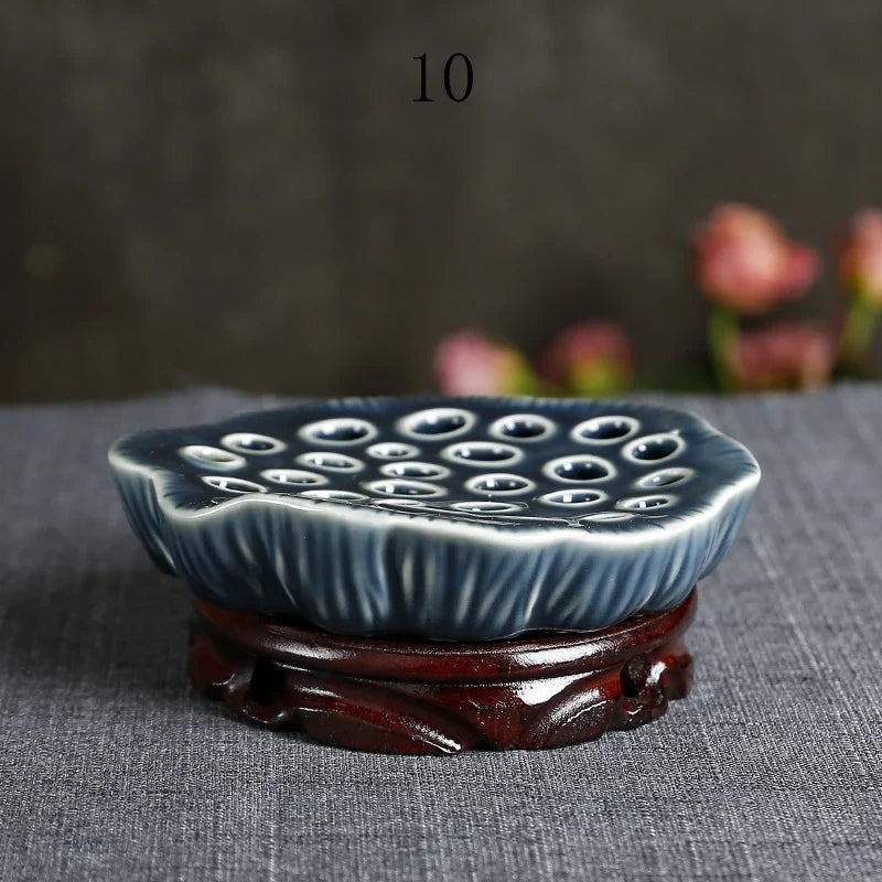 Japanese Ceramic Lotus Ikebana Flower Vase  Built-In Frog Holder