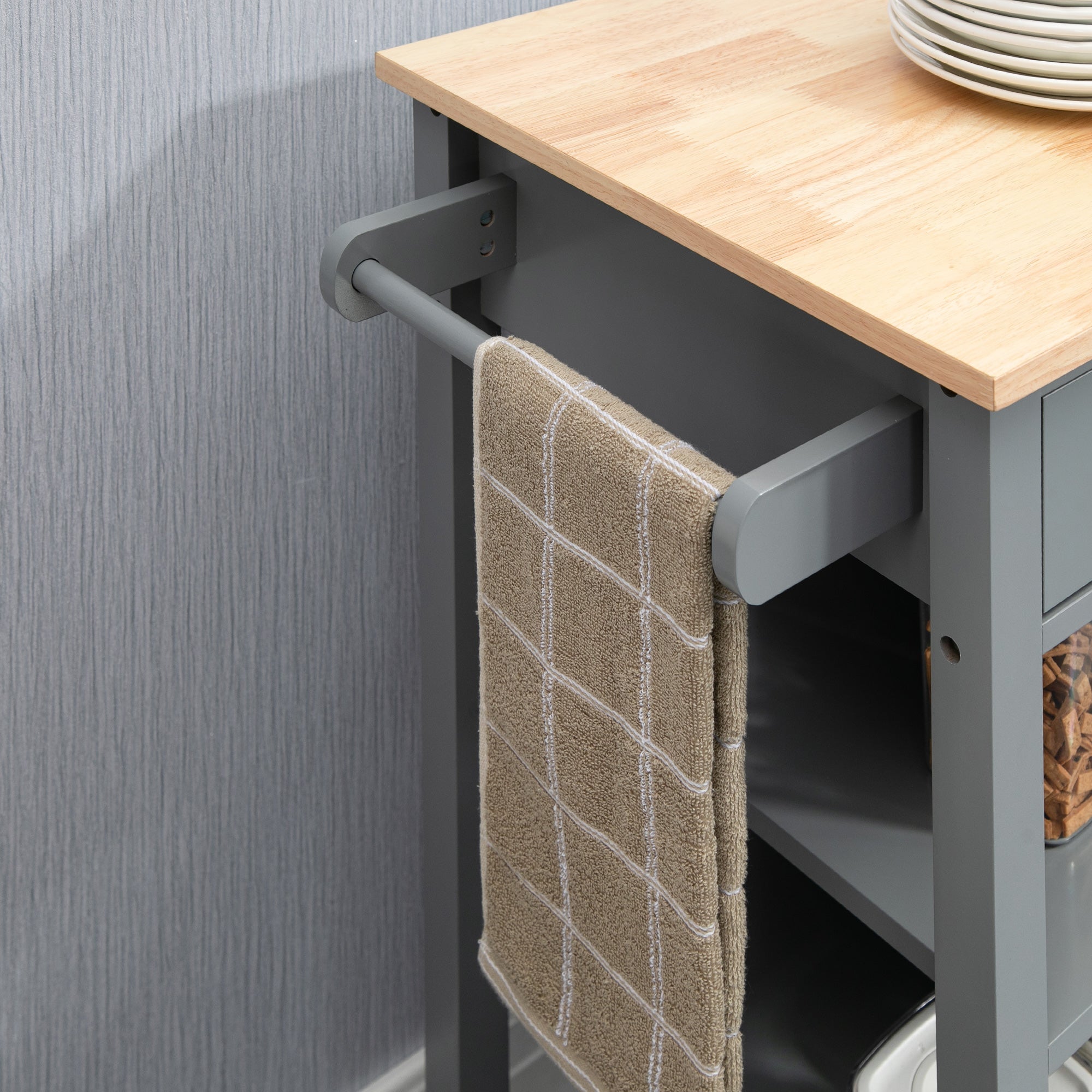 Rolling Kitchen Island Cart with Cabinet, 3-Tier Open Shelving & Towel Rack