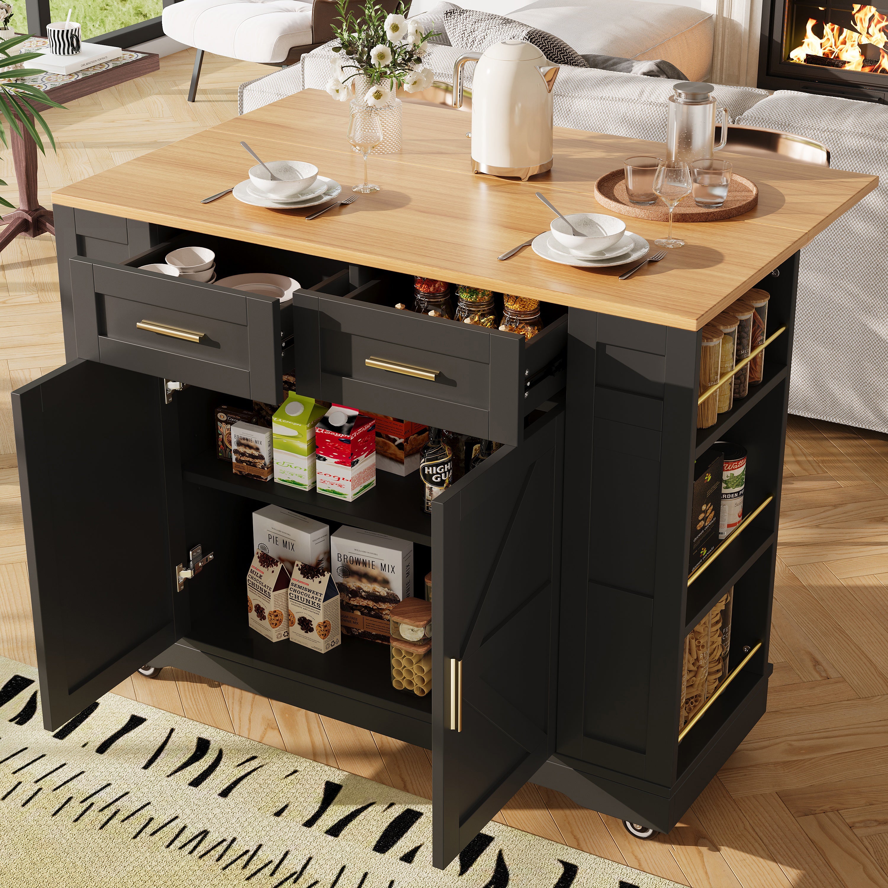 Kitchen Island On Wheels, Rolling Island Cart With 2 Drawers And Double-Sided Storage Racks, Storage Cabinet With Foldable Worktop, Mobile Carts, Portable Trolley For Home And Kitchen, Black
