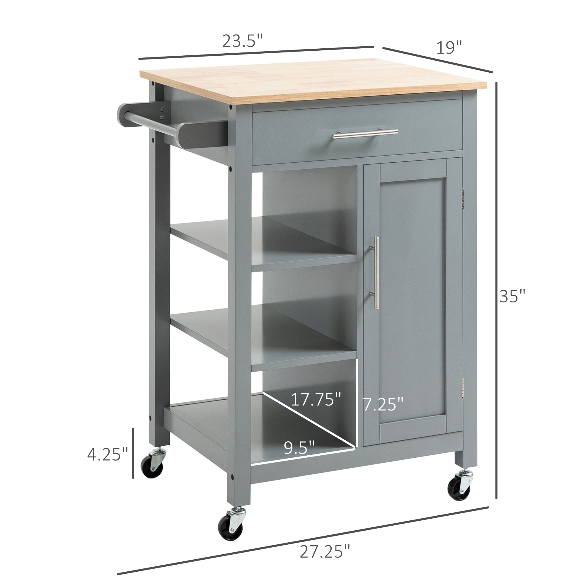 Rolling Kitchen Island Cart with Cabinet, 3-Tier Open Shelving & Towel Rack