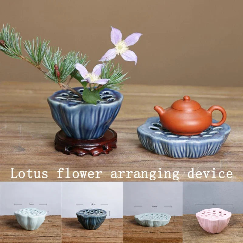Japanese Ceramic Lotus Ikebana Flower Vase  Built-In Frog Holder