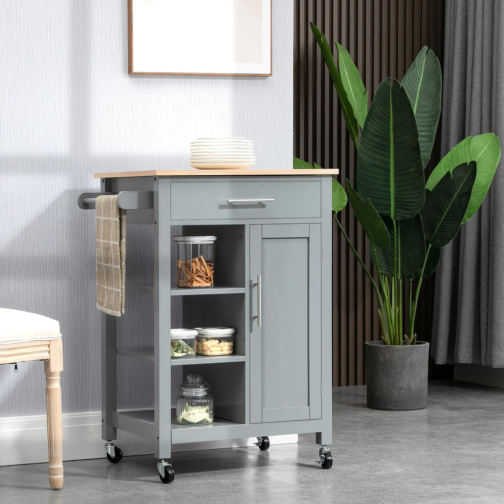 Rolling Kitchen Island Cart with Cabinet, 3-Tier Open Shelving & Towel Rack