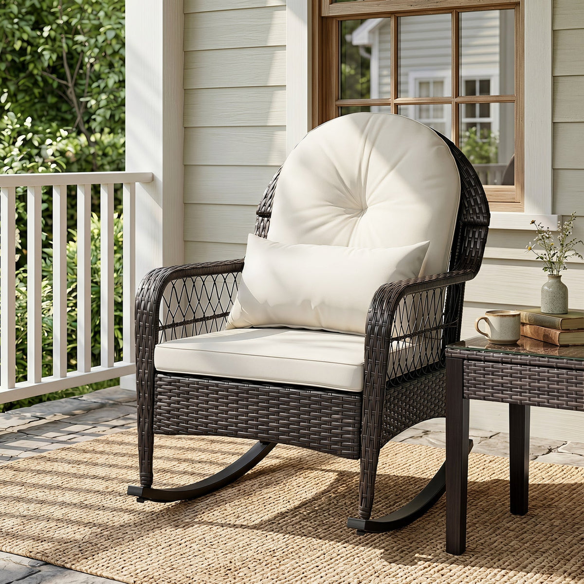 Outdoor Wicker Rocking Chair with Cushions